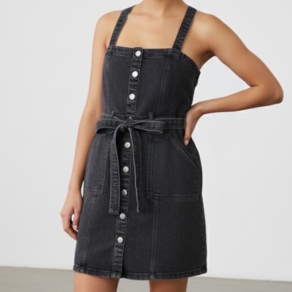 Allegra Black Denim Pinafore Dress Straps Large streetwear retro tie belt button